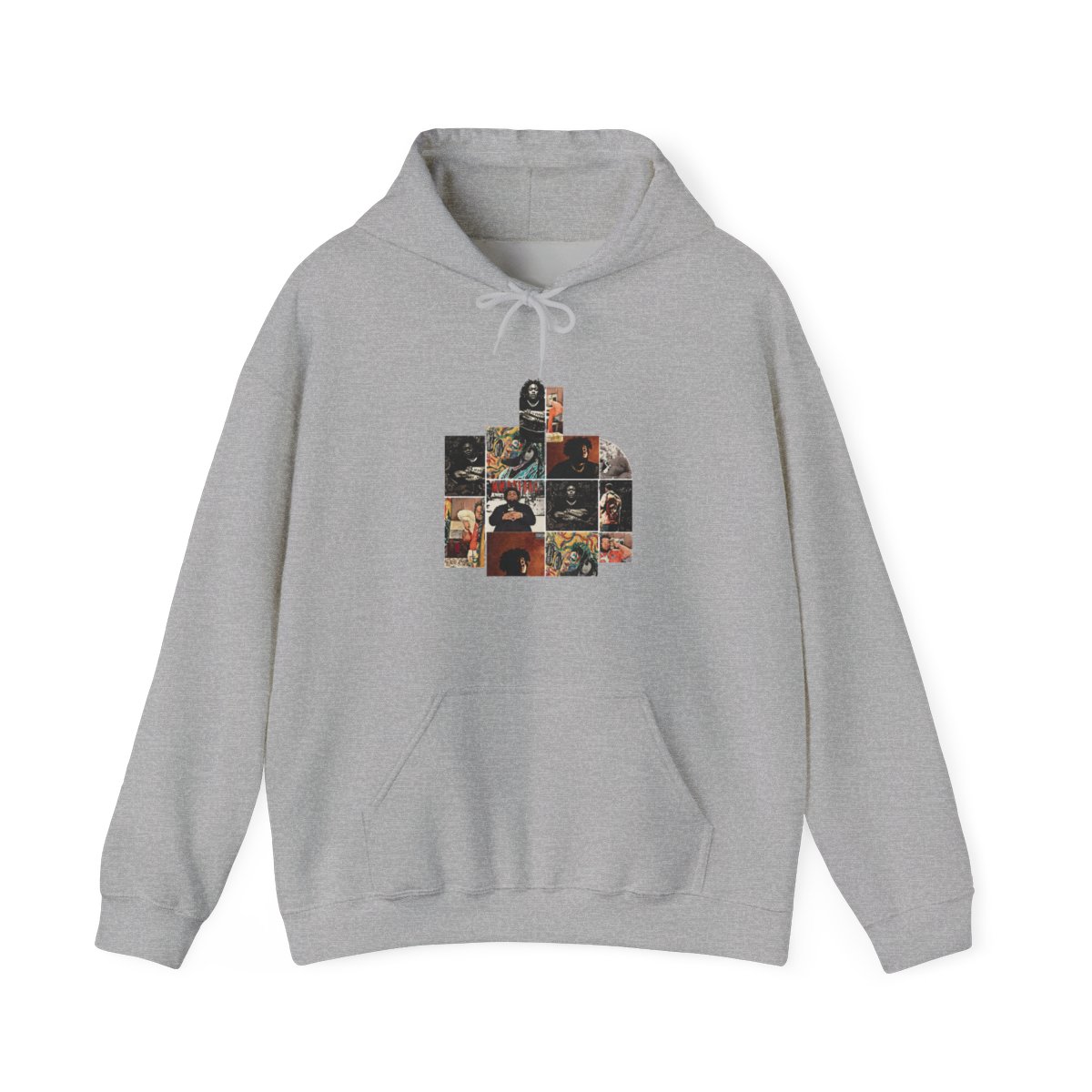 A black and brown hooded Hoodie with a colourful tapestry design featuring multiple portraits of people. The design includes the words "The Marathon Continues"