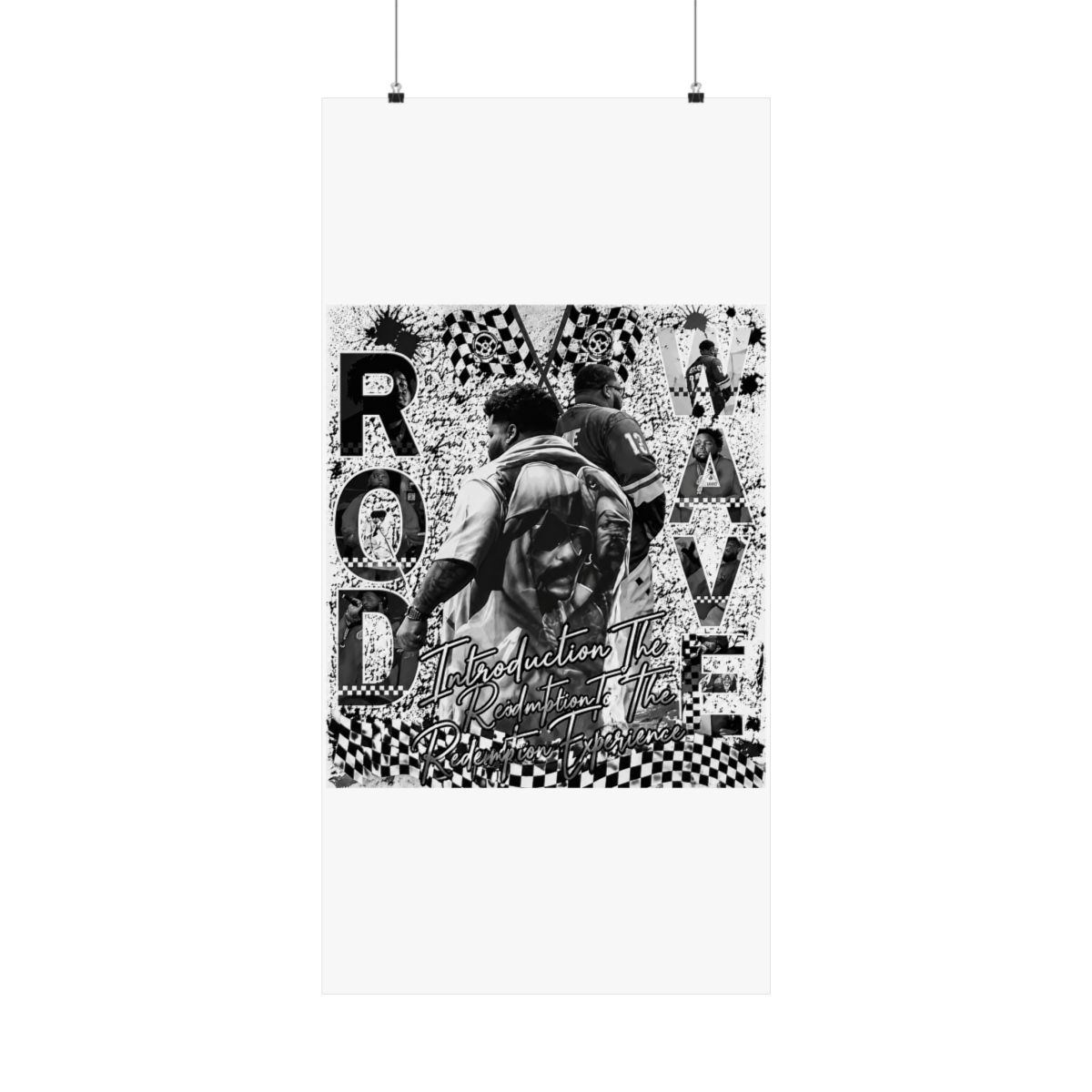 Poster with a collage design featuring images of people, text, and racing flags. The text includes "ROD WAVE" and "Introduction To The Redemption Experience." The background has a distressed,... - alternate angle 1, merchandise