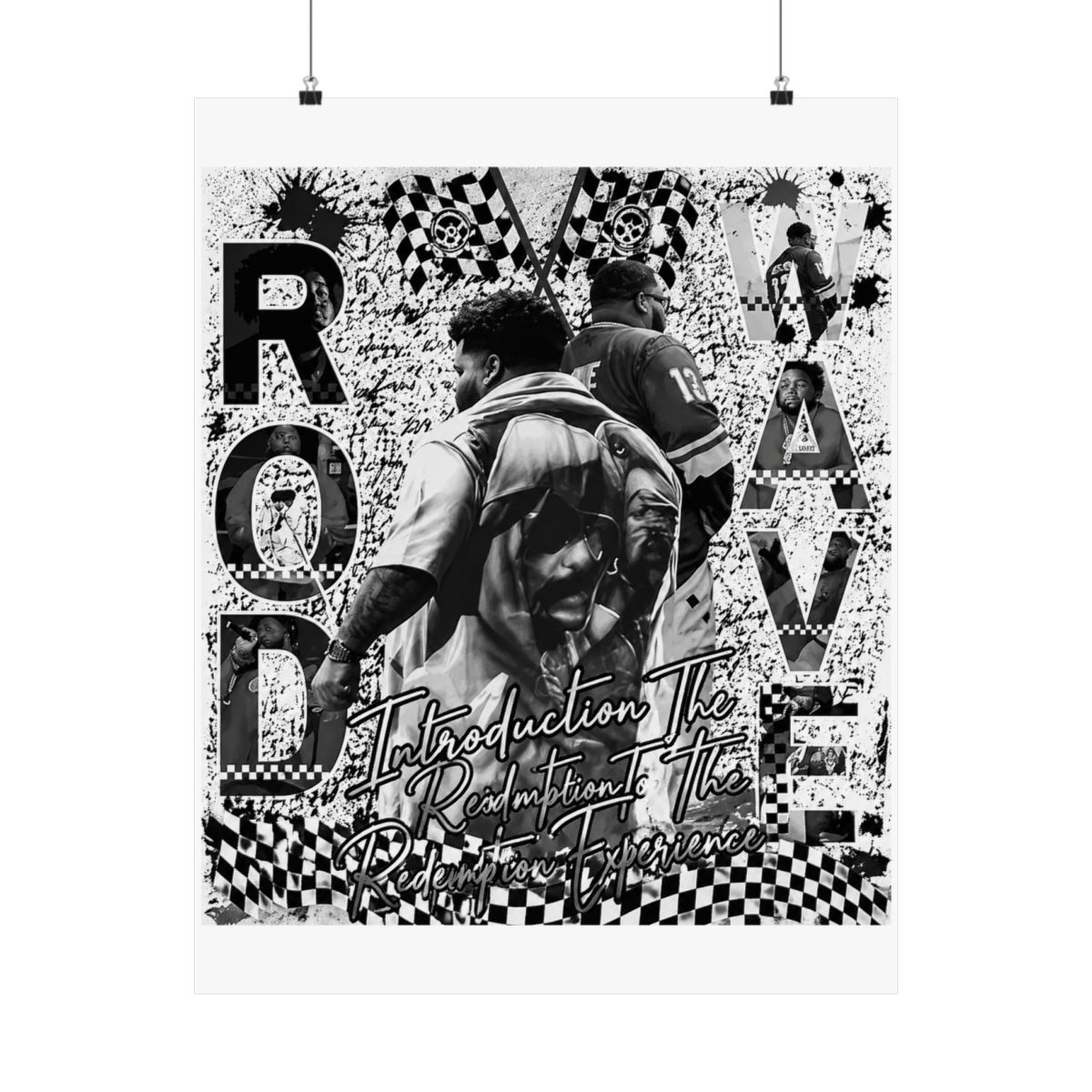 Poster with a collage design featuring images of people, text, and racing flags. The text includes "ROD WAVE" and "Introduction To The Redemption Experience." The background has a distressed,... - alternate angle 2, merchandise