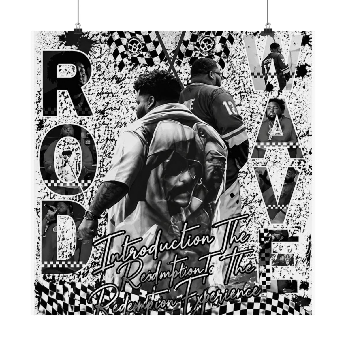Poster with a collage design featuring images of people, text, and racing flags. The text includes "ROD WAVE" and "Introduction To The Redemption Experience." The background has a distressed,... - alternate angle 4, merchandise