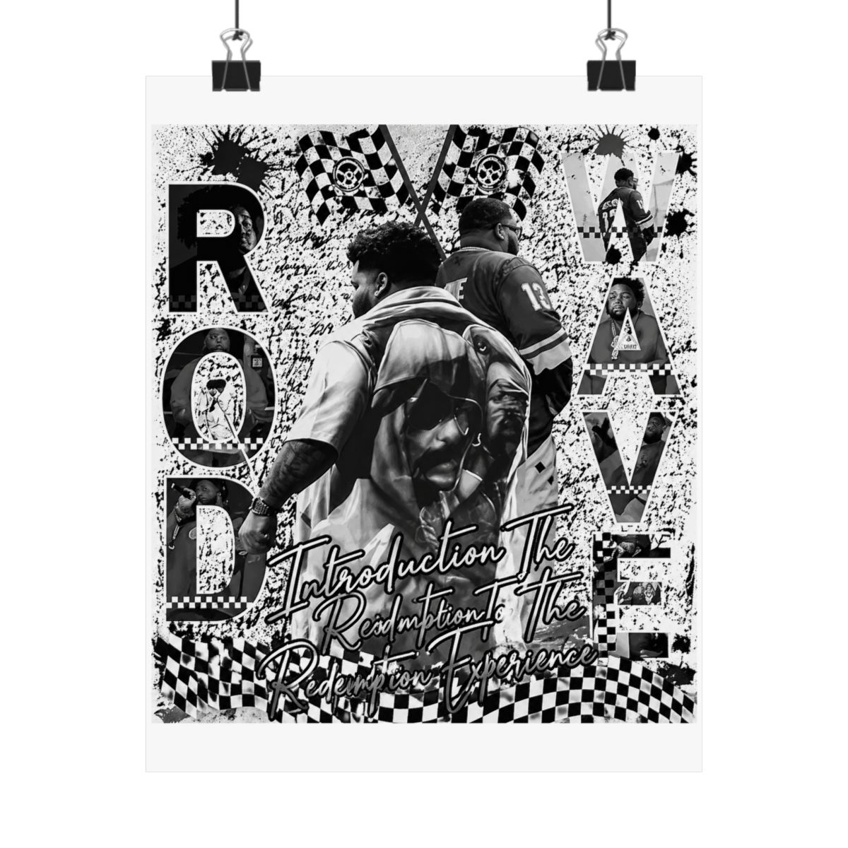 Poster with a collage design featuring images of people, text, and racing flags. The text includes "ROD WAVE" and "Introduction To The Redemption Experience." The background has a distressed,... - Official Posters & Wall Art merchandise